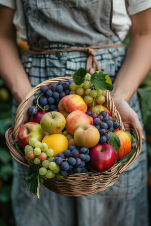 female Hands holding freshly picked basket with fruits. ai generatedの素材