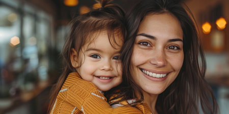 Happy young latin mom hold in hands cute baby show love care. Smiling biracial mother embrace cuddle small newborn infant child. Motherhood, childcare concept. ai generatedの素材
