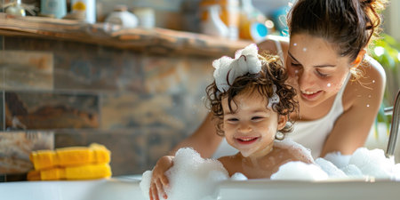 Mother bathing her cute little baby at home. ai generatedの素材