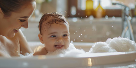 Mother bathing her cute little baby at home. ai generatedの素材
