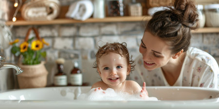 Mother bathing her cute little baby at home. ai generatedの素材