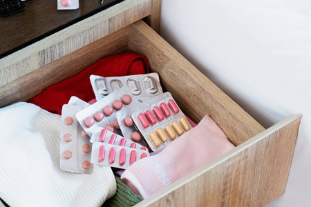 Travel concept. opened beside table on bed in hotel room, pills and medicineの写真素材