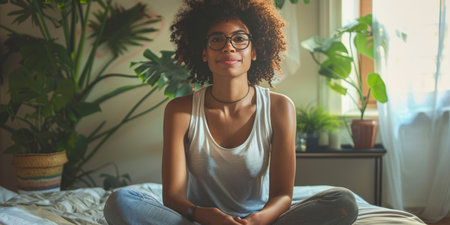 Unhappy woman thinking about problems, sitting in the bed alone looking away. ai generatedの素材