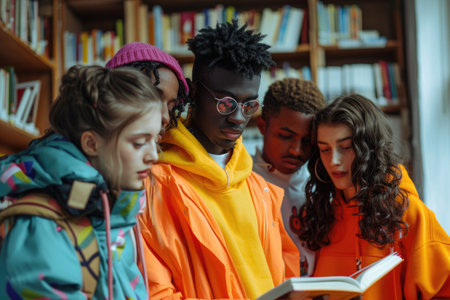 group of students discussing study standing in classroom. ai generatedの素材