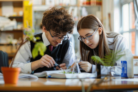 teenage boy and girl working on biology class. ai generatedの素材