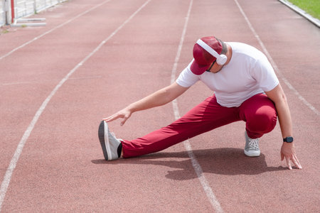 Athletic bearded man wearing red pants and cap warms up before workout at the stadium. Space for textの写真素材