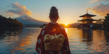 Asian woman traveling in traditional Japanese city Kyoto in momiji season. ai generatedの素材