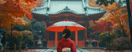 Asian woman traveling in traditional Japanese city Kyoto in momiji season. ai generatedの素材