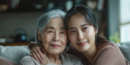 Japanese adult woman and her old mother sitting on the couch hugging. ai generatedの素材