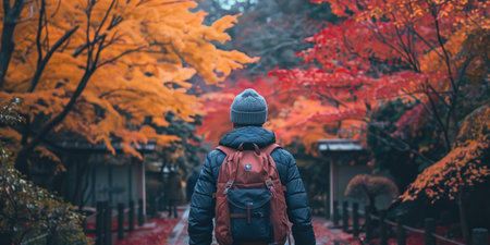 man traveling in traditional Japanese city Kyoto in momiji season. ai generatedの素材