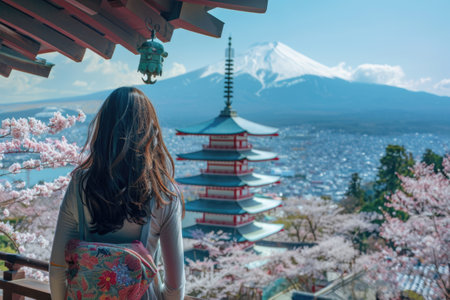 woman traveling in traditional Japanese city Kyoto in sakura season. ai generatedの素材