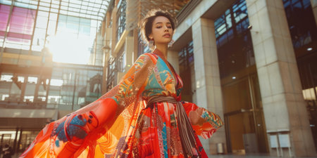 asian woman wearing bright patterned dress walking in the street. ai generatedの素材
