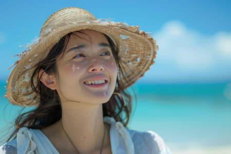 portrait of happy Japanese woman relaxing on Okinawa beach. ai generatedの素材