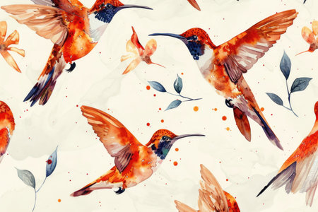 sketch pattern with birds and flowers. colibri birds pattern, watercolor style. ai generatedの素材