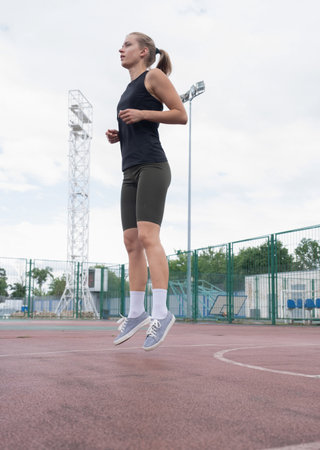 Sports and leisure. Caucasian sportive female boxer training at the stadium, warming up and...