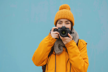 World Photography Day. woman holding camera on solid bright background. ai generatedの素材