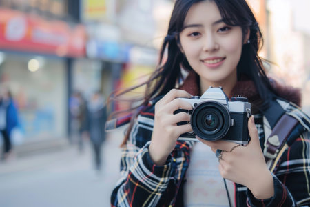 World Photography Day. woman tourist using camera in street. ai generatedの素材