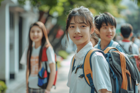 Asian teen Students walking to school together, looking to camera. ai generatedの素材