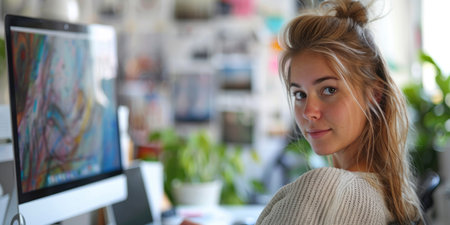 girl student in front of media devices, ai generatedの素材