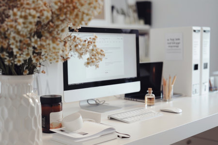 Laptop blank screen on table with coffee background, mockup, template for your text, ai generatedの素材