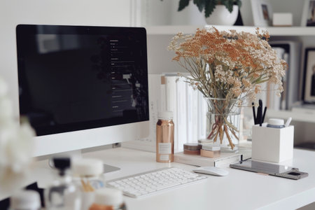 Laptop blank screen on table with coffee background, mockup, template for your text, ai generatedの素材