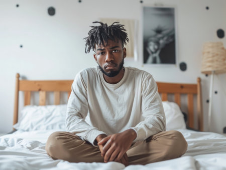 African American man sitting on bed with sad face. ai generatedの素材