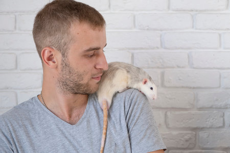 man with a funny cute pet rat on shoulderの写真素材