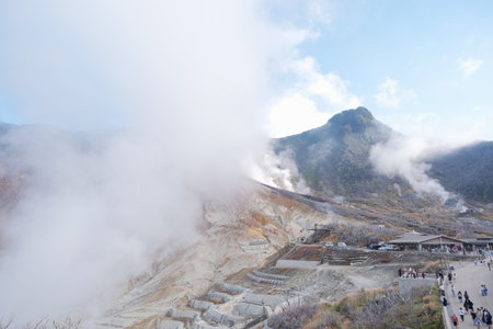 Owakudani seen from the ropeway in Hakone, Japan