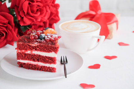 Valentines day or birthday background. red velvet cake with fruit and coffee for valentines day, decorations and confetti on white table setting, copy spaceの写真素材