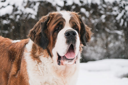 Portrait of saint bernard adult dog walking outdoors in winter dayの写真素材