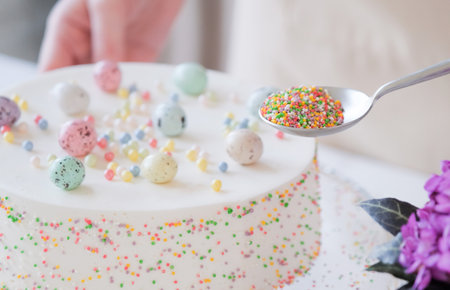 Happy Easter. cropped shot of woman making Easter cake in pastel colors in the kitchen, getting ready for holiday, decorating cake with sprinklesの写真素材