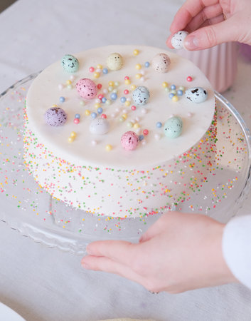 Happy Easter. cropped shot of woman making Easter cake in pastel colors in the kitchen, getting...