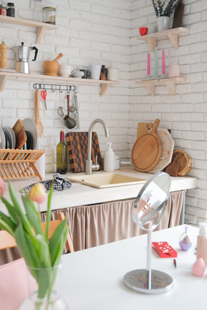 clean and light rustic kitchen with tulips, spring moodの写真素材