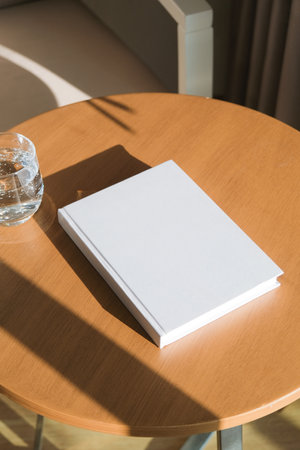 book cover mockup design. blank book mockup on round wooden coffee table with glass of water in the...