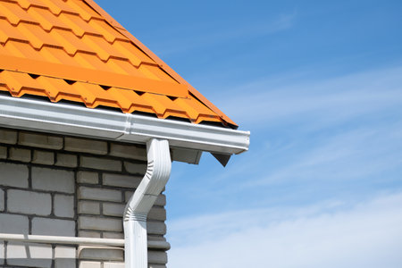 Rain Gutter Pipeline System on brick house, bright orange metal tile roof against blue sky