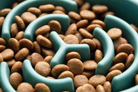 Slow feeding bowl filled with dry food extreme closeup