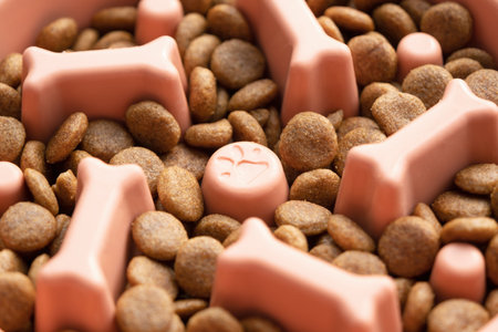 Slow feeding bowl filled with dry food extreme closeupの写真素材