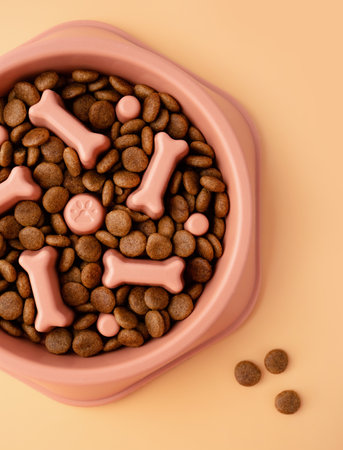 Cat and dog orange slow Feeding Bowl on orange background , Pet Slow Feeder with dry foodの写真素材