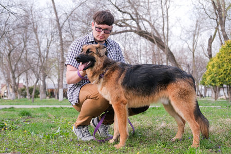 Man walking his dog, stroking it sitting in the grass in the park