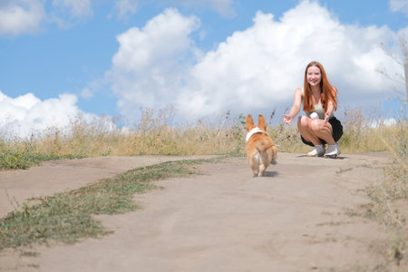 redhead young woman walking her corgi puppy in the natureの写真素材
