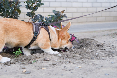 corgi puppy walking in the street sniffing the smells on the ground near the bushesの写真素材