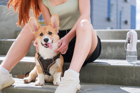 redhead caucasian woman walking her corgi puppy outdoor, stroking it sitting on the stairsの写真素材