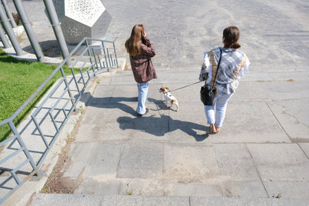 young woman and her daughter walking her terrier puppy in the city park