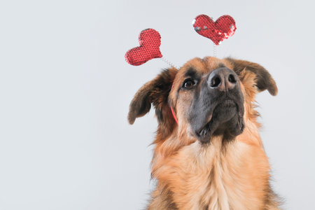 Cute German Shepherd puppy dog with heart shaped ears decoration on gray background. Valentine's Day...