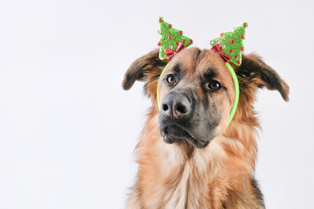 cute german shepherd wearing funny Christmas hat on gray backgroundの写真素材