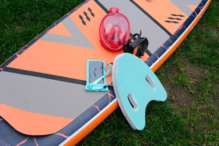sup accessories, masks and board high angle view