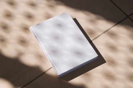 empty magazine mockup on tile stone floor or pavement outdoors, shadow overlay. For advertising,...