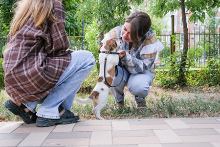 young woman and her daughter walking her jack Russel terrier puppy in the city park