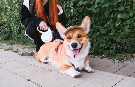 Cute corgi and his red haired woman owner on walk in the evening wearing caps, family look