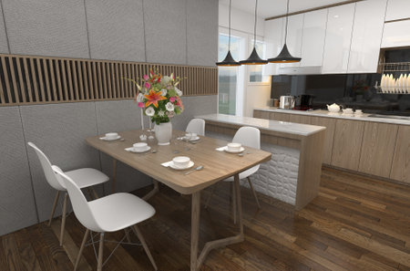 3d rendering of modern kitchen and dining room in a loft styleの写真素材
